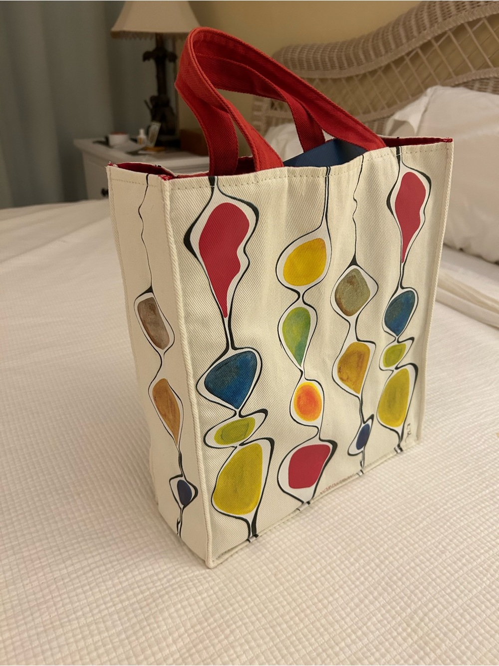 Nordstrom Cream Canvas Tote with Red Handles and Multicolor Abstract Accents